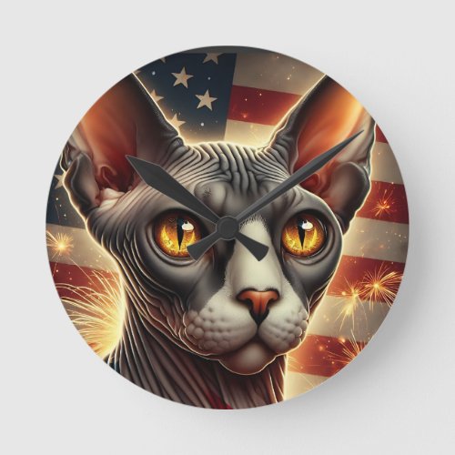 Patriotic Sphynx Cat Art Red White Blue USA Flag Round Clock