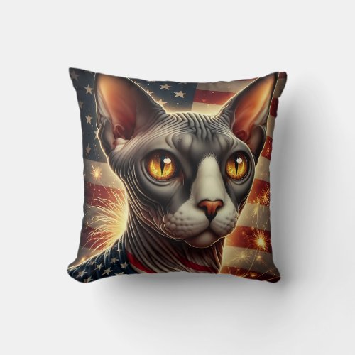 Patriotic Sphynx Cat Throw Pillow USA Flag Art