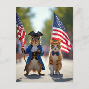 Patriotic Squirrel and Cat Holiday Postcard