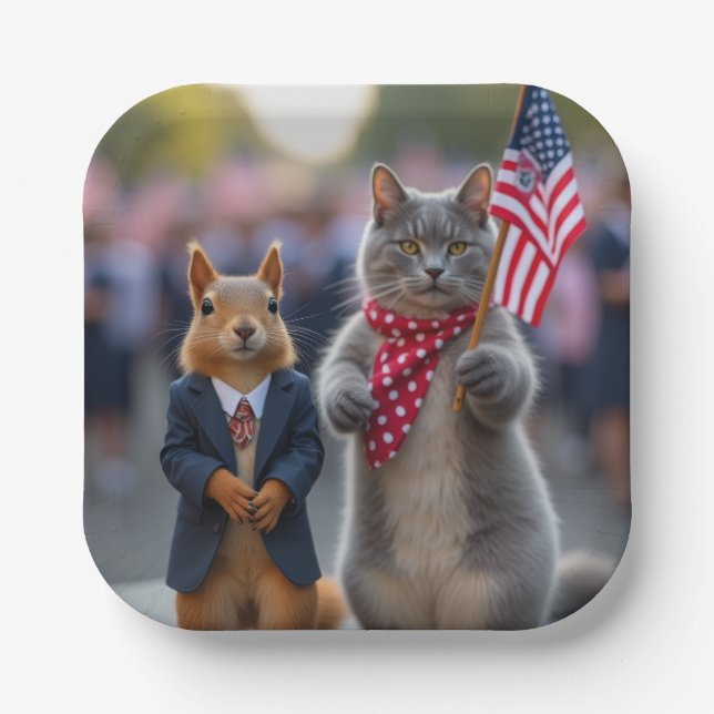 Patriotic Squirrel and Cat Paper Plates (Front)