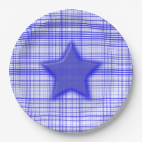 Patriotic Star Blue White Plaid July 4  Paper Plates