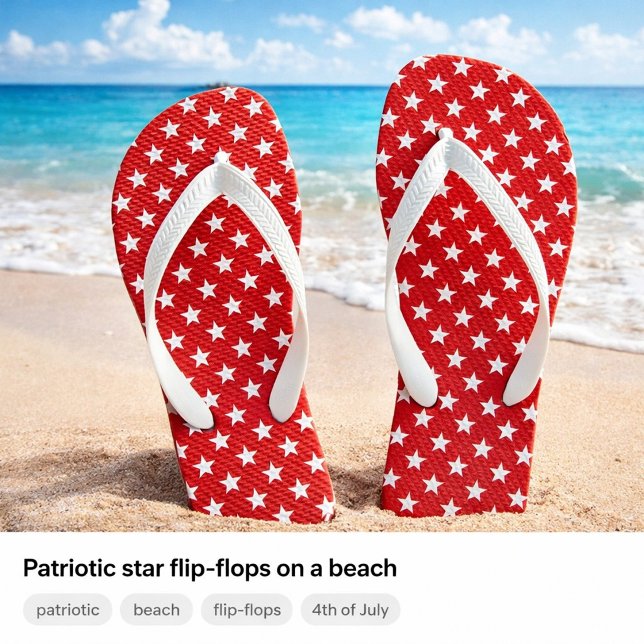 Patriotic Star Flip-Flops Flip Flops ("Patriotic star flip-flops on a beach")