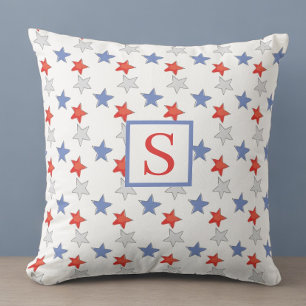 Patriotic Star Monogram Red White Blue Americana Throw Pillow