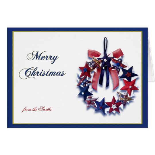 card template greeting zazzle Christmas Star Greeting Card Wreath Merry Patriotic