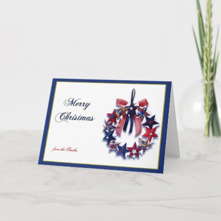 Patriotic Star Wreath Merry Christmas Greeting Holiday Card