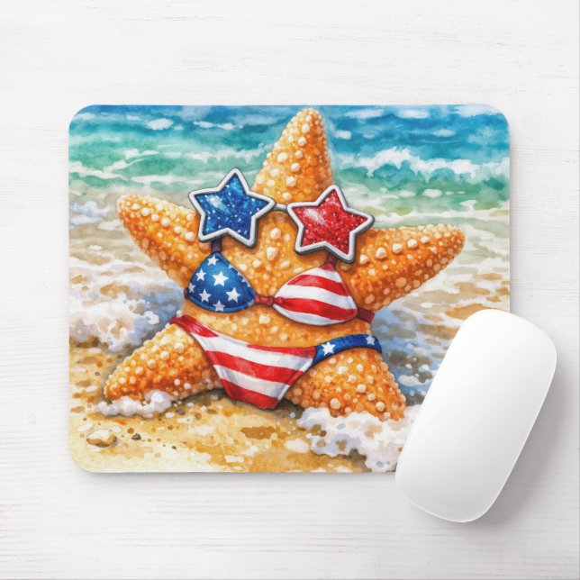 Patriotic Starfish in Beach Sand Mouse Pad (With Mouse)