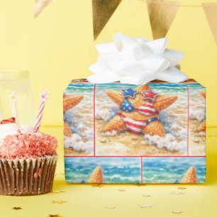 Patriotic Starfish in Beach Sand Wrapping Paper