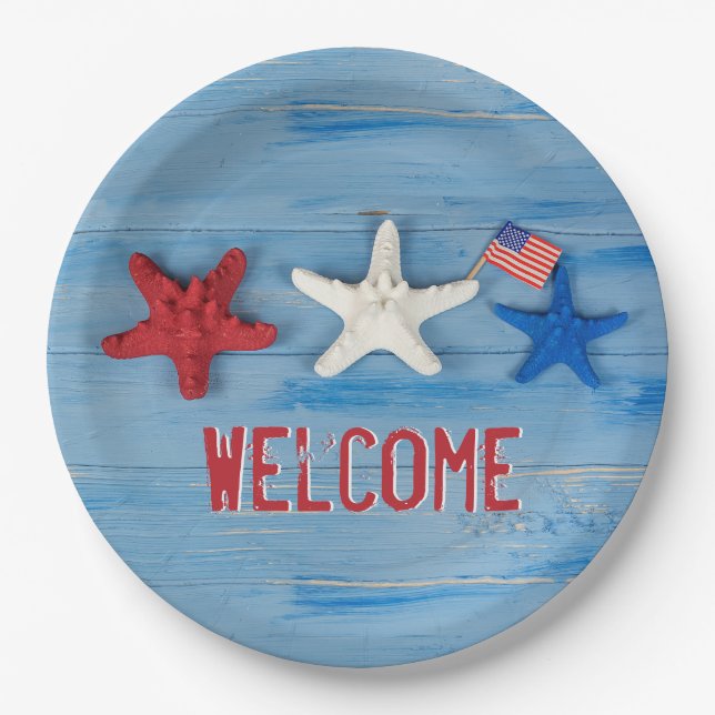Patriotic Starfish Napkins Paper Plates (Front)