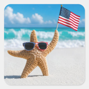Patriotic Starfish Waving the American Flag Square Sticker