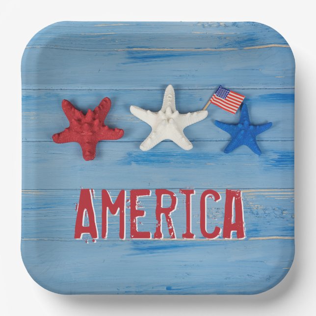 Patriotic Starfish With American Flag Paper Plates (Front)