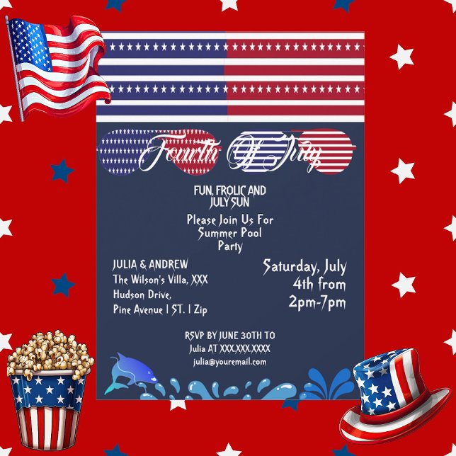  Patriotic Stars 4th July American Flag Pool Party Invitation (Patriotic Stars 4th July American Flag Pool Party Invitation)