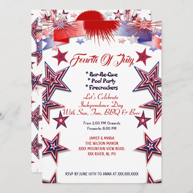 Patriotic Stars 4th July Firecrackers BBQ Party  I Invitation (Front/Back)