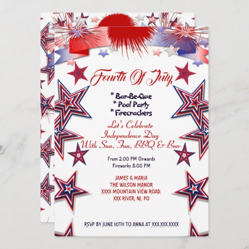 Patriotic Stars 4th July Firecrackers BBQ Party  I Invitation