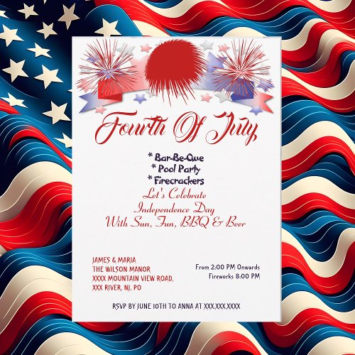 Patriotic Stars 4th July Firecrackers BBQ Party  Invitation