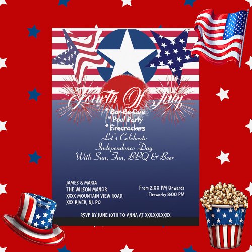 Patriotic Stars 4th July Firecrackers BBQ Party  Invitation