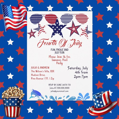  Patriotic Stars 4th July Sunglasses Pool Party  Invitation