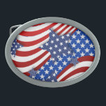 Patriotic Stars and Stripes American Flag Belt Buckle<br><div class="desc">Show off your patriotic spirit with this bold and vibrant belt buckle featuring a dynamic American flag design. The red and white stripes wave gracefully,  while blue stars overlay in a striking,  layered pattern.</div>