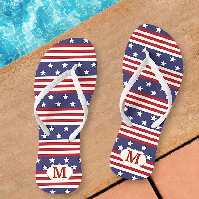 Patriotic Stars and Stripes American | Monogrammed Flip Flops (Creator Uploaded)