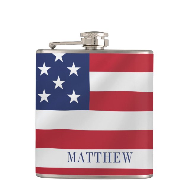 Patriotic Stars and Stripes Blue White USA Flag Flask (Front)