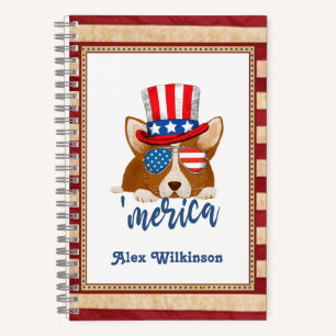 Patriotic Stars and Stripes Hat and Glasses Corgi Notebook