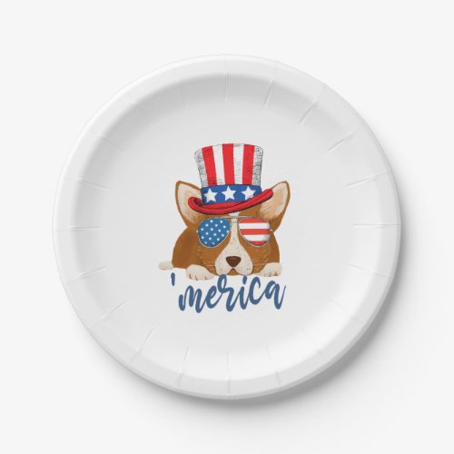 Patriotic Stars and Stripes Hat and Glasses Corgi Paper Plates