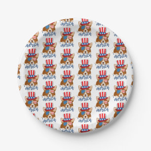 Patriotic Stars and Stripes Hat and Glasses Corgi Paper Plates