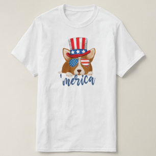 Patriotic Stars and Stripes Hat and Glasses Corgi T-Shirt