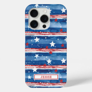 Patriotic Stars and Stripes Monogrammed iPhone 15 Pro Case