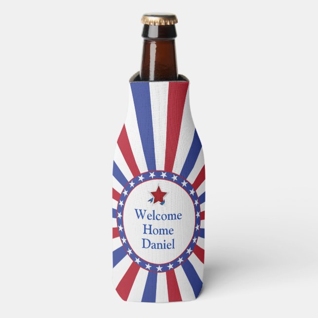 Patriotic Stars and Stripes Welcome Home with Name Bottle Cooler (Bottle Front)