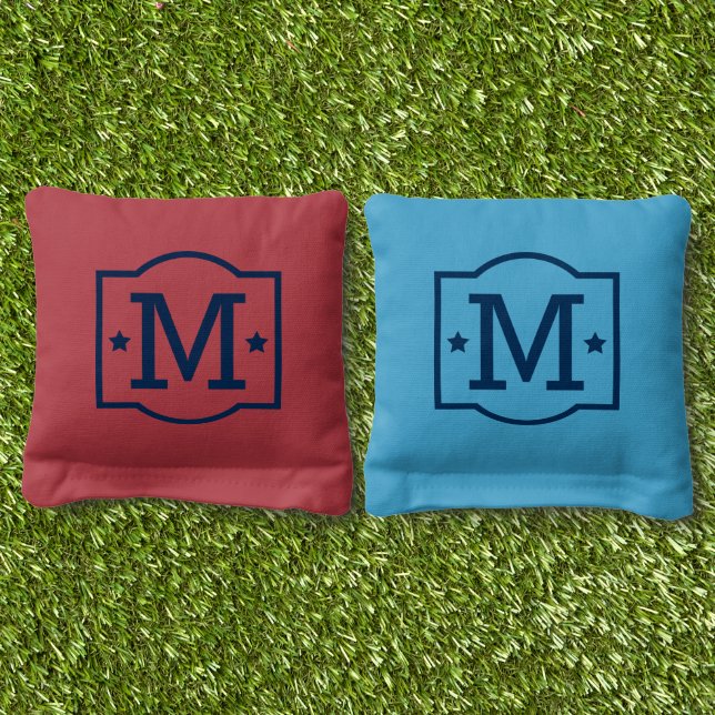 Patriotic Stars Custom Navy Blue Monogram Initial Cornhole Bags (Grass)
