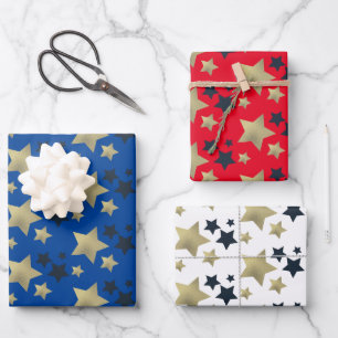 Patriotic Stars Faux Foil Pattern Wrapping Paper Sheets