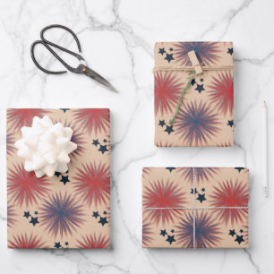 Patriotic Stars Fireworks White Blue Cream Wrapping Paper Sheets