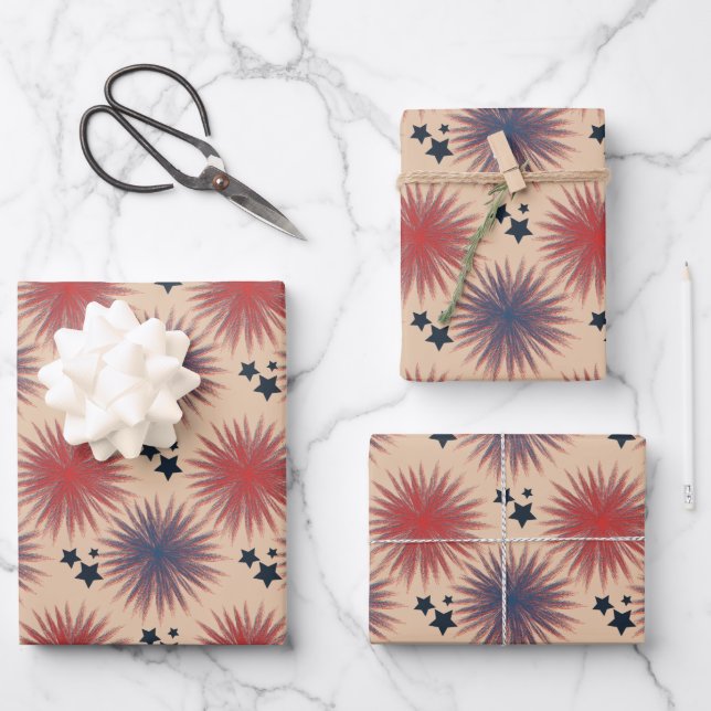 Patriotic Stars Fireworks White Blue Cream Wrapping Paper Sheets (Front)
