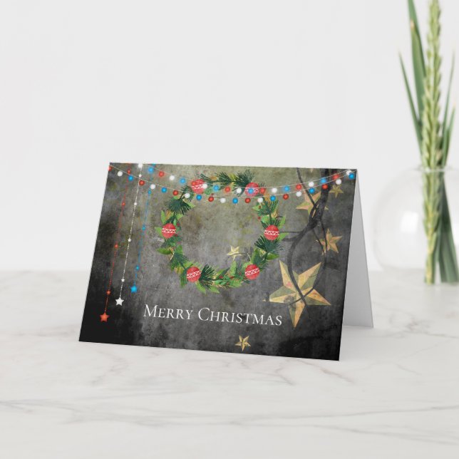 Patriotic Stars n Lights ~ Merry Christmas Wreath Card (Front)