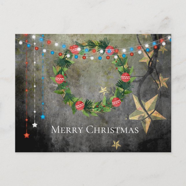 Patriotic Stars n Lights ~ Merry Christmas Wreath Holiday Postcard (Front)