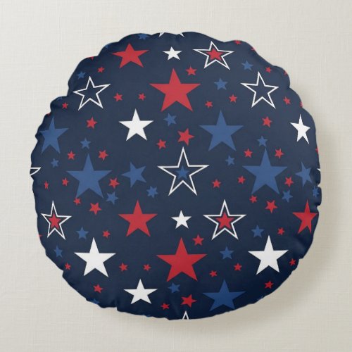 Patriotic Stars on Navy Blue Seamless Pattern Round Pillow