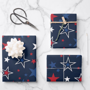 Patriotic Stars on Navy Blue Seamless Pattern Wrapping Paper Sheets