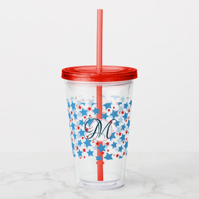 Patriotic Stars Pattern Monogram Custom Acrylic Tumbler (Front)