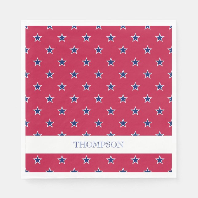 Patriotic Stars Red White Blue NAME July 4 Bar Napkins (Front)
