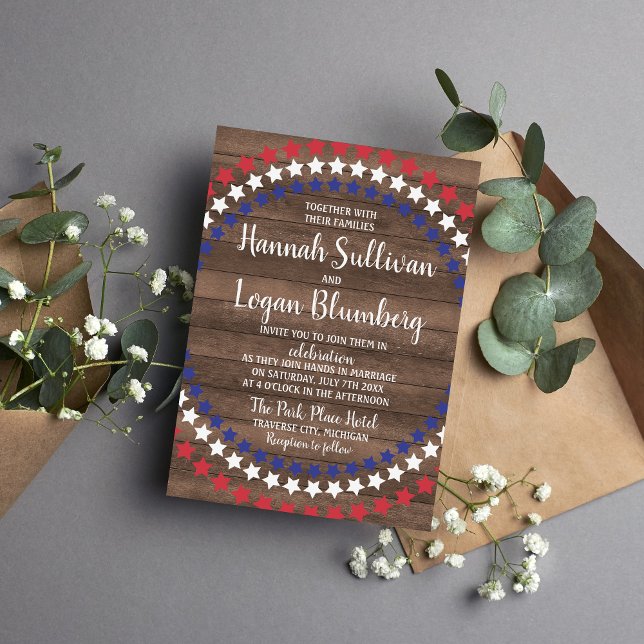 Patriotic Stars  Rustic Fourth of July Wedding Invitation (Creator Uploaded)