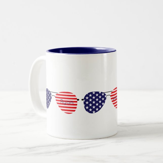 Patriotic Stars Stripes Aviator Sunglasses Names Two-Tone Coffee Mug (Front Left)