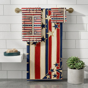 Patriotic Stars Stripes Red Blue Vintage American  Bath Towel Set