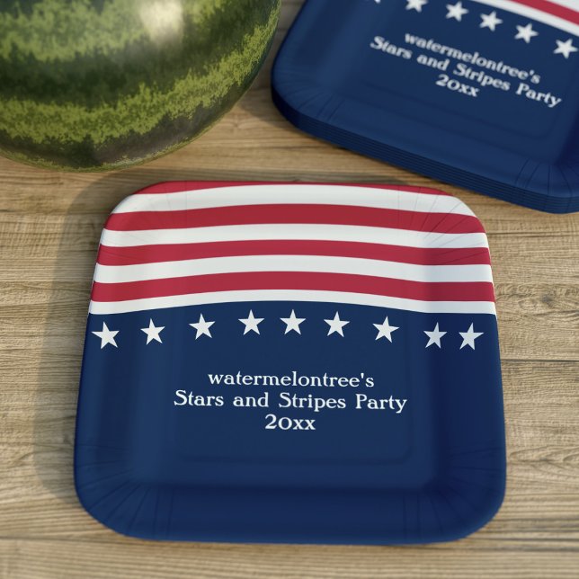 Patriotic Stars Stripes Red White Blue Square Paper Plates (Fire up the grill, grab your sparklers, and let's get this party started!)