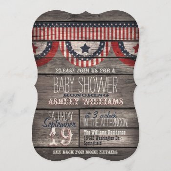 Patriotic Stars & Stripes Rustic Wood Baby Shower Invitation by Card_Stop at Zazzle