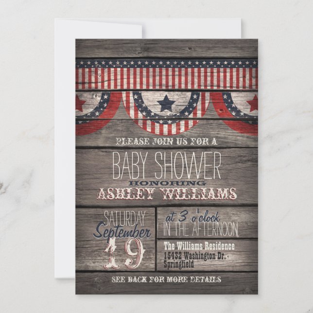 Patriotic Stars & Stripes, Rustic Wood Baby Shower Invitation (Front)