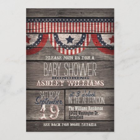 Patriotic Stars & Stripes, Rustic Wood Baby Shower Invitation