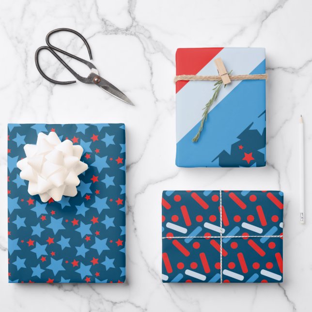 Patriotic Stars Stripes Sprinkles Blue Wrapping Paper Sheets (Front)