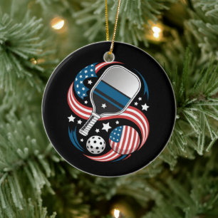 Patriotic Stars Stripes USA Flag Pickleball Ceramic Ornament