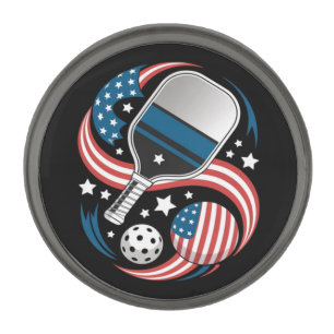 Patriotic Stars Stripes USA Flag Pickleball Gunmetal Finish Lapel Pin