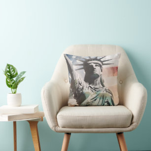 Patriotic Statue of Liberty and American Flag Throw Pillow